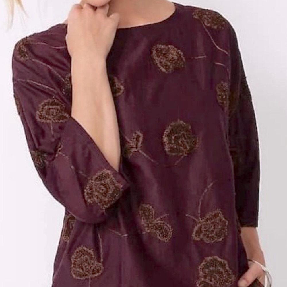 Pure Jill Valley Florals Embroidered 3/4 Sleeve Top 100% Cotton Burgundy, XS